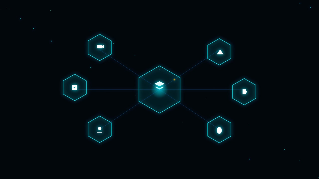 Digital Network Interface with Glowing Hexagonal Icons
