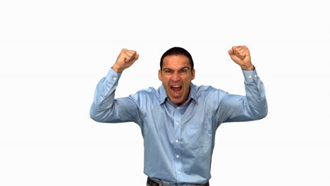 angry businessman raising arms on white screen