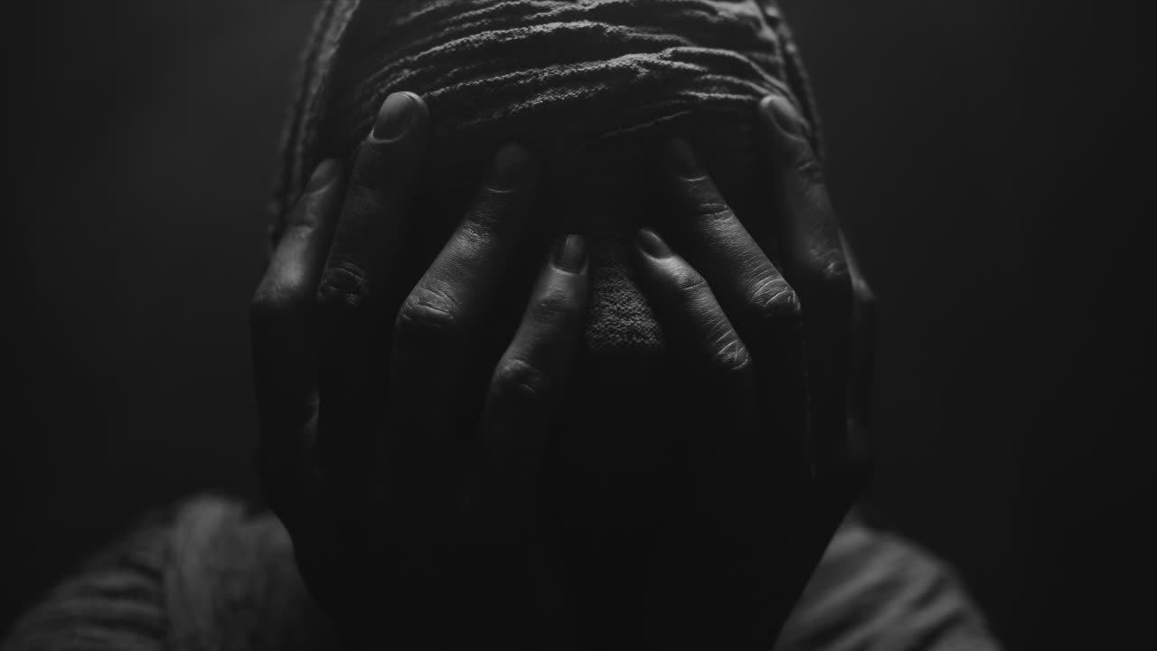 A mummified woman against the dark background in keeps her hands on her face the powerful pose full of despair