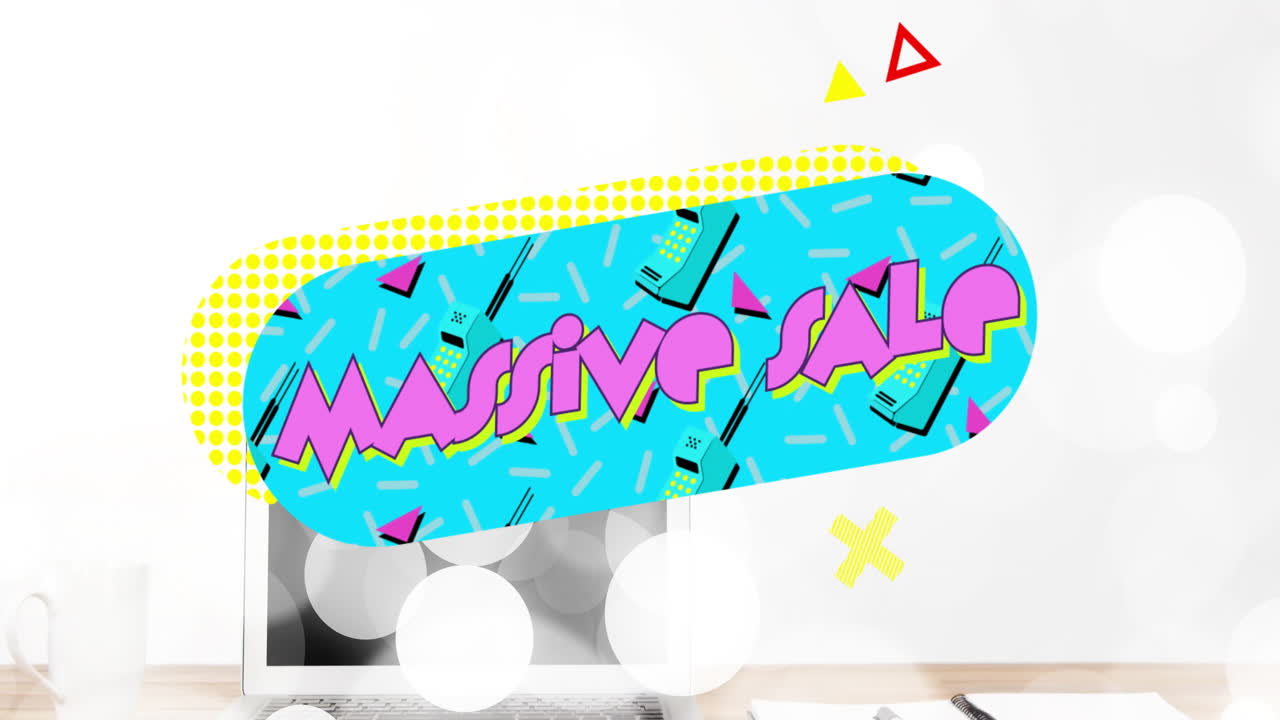Panel de venta pop-art cian con forma de píldora flotando sobre un espacio de trabajo, con portátil, taza y cuaderno