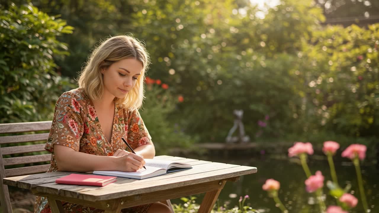 Un sereno momento di riflessione: una donna scrive con grazia in un bellissimo giardino, circondata da una vegetazione lussureggiante e fiori colorati