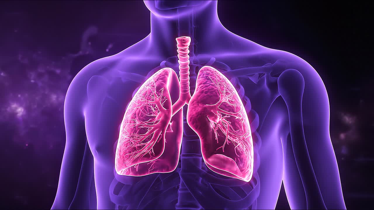 Polmoni dettagliati con bronchi ramificati incandescenti nel torace umano, concetto di visualizzazione dell'anatomia del sistema respiratorio medico