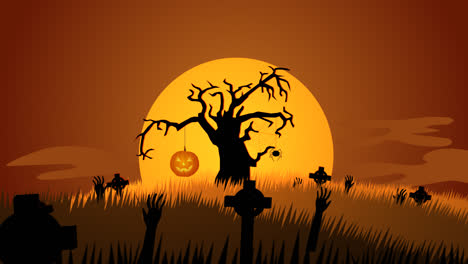 A-scary,-autumn-night.-Zombie-walking-on-the-haunted,-mysterious-graveyard-with-dark-silhouettes-of-spooky-trees-full-of-creepy-jack-o-lanterns.-Full-moon-is-raising.