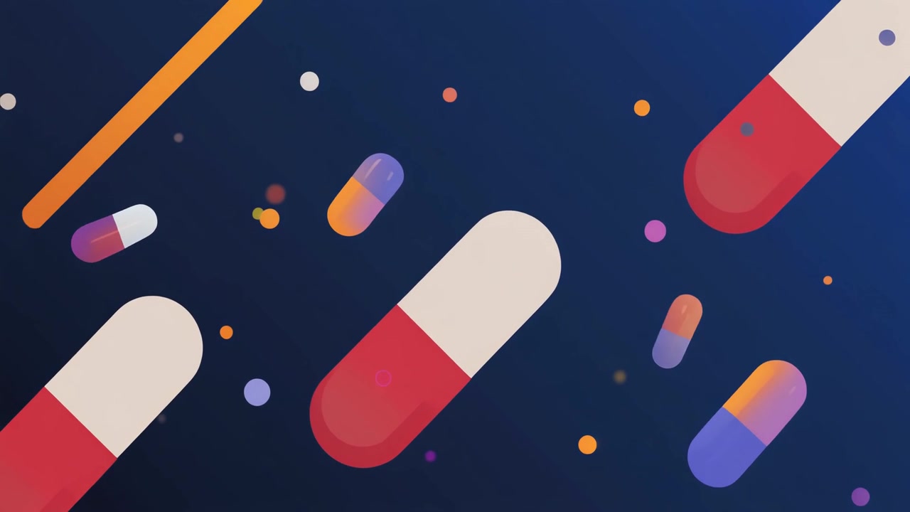 Animated Medical Pills and Abstract Shapes Floating on Dark Blue Background