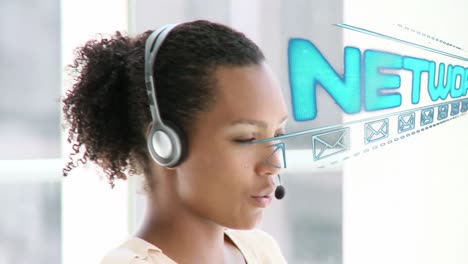 animation of social network text over african american businesswoman using phone headset