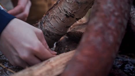 slow motion shot of a close-up of a person person lighting a campfire outdoors