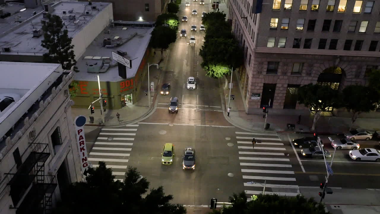 City Street at Night: Aerial View of Urban Traffic in Los Angeles
