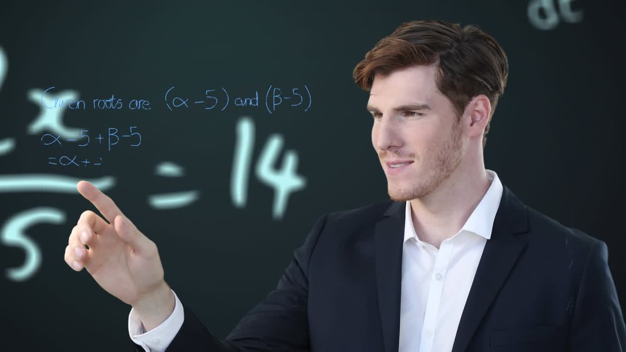 Animation blends media icons, math, and tech over a businesswoman in a green setting