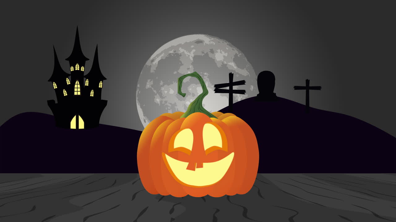 escena de halloween en un cementerio con tumba y calabaza, animación