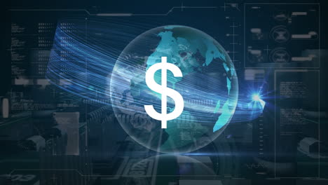 animación del símbolo del dólar y el destello de la lente moviéndose alrededor del globo sobre la placa base y las barras de carga.