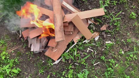 cámara lenta de fuego ardiente en la madera en la hierba