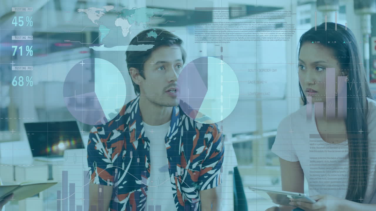 Discussing in modern office, diverse colleagues analyzing business data with animation