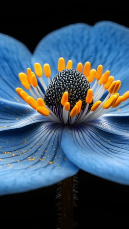 beautiful blue flower in close-up detail. a vibrant blue flower with yellow center blooms against a dark background, highlighting nature's beauty.