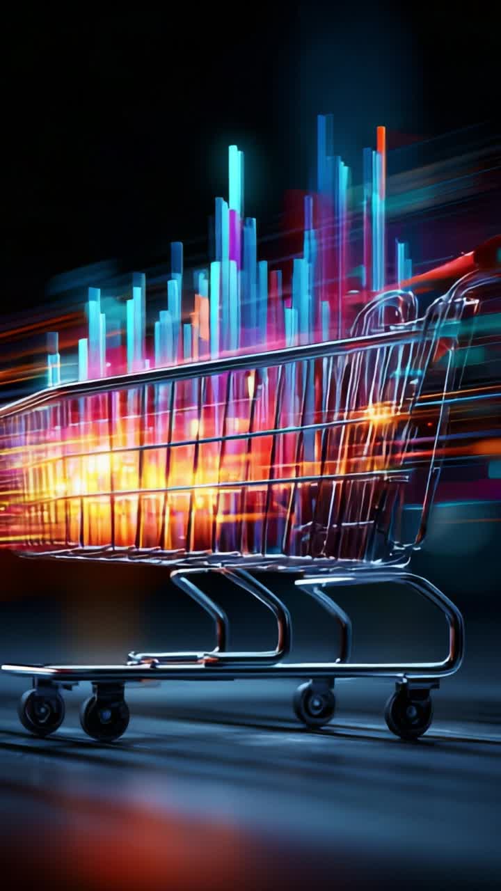 A futuristic shopping cart surrounded by vibrant data visualizations representing the intersection of commerce and technology in a dynamic digital world