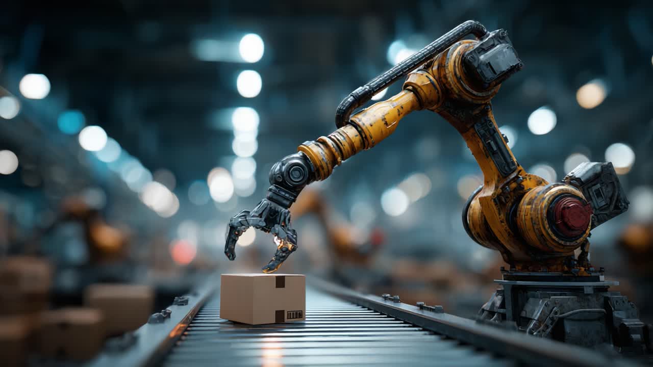 An Advanced Robotic Arm Operates Efficiently on a Conveyor Belt, Handling Packages with Precision in a Modern Manufacturing Environment