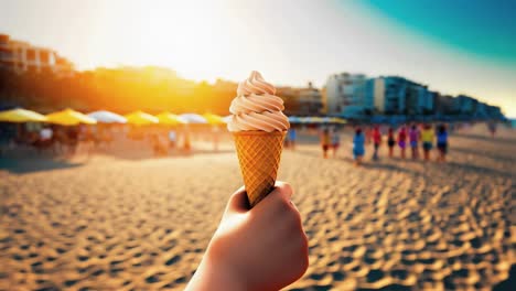 savoring a delightful ice cream cone while relaxing on a sunlit beach as the beautiful colors of sunset fill the sky