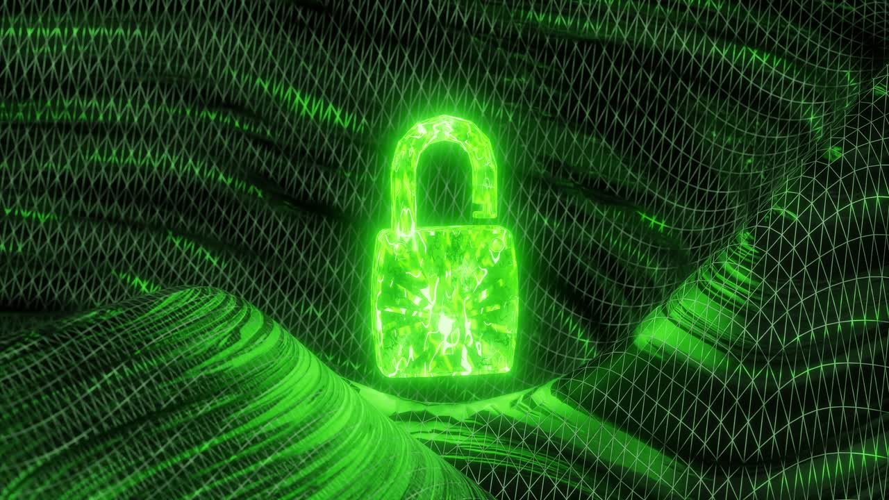 Glowing green padlock over abstract digital mesh surface in dark space. Cyber security and data encryption concept. Design for banner, poster, wallpaper, header