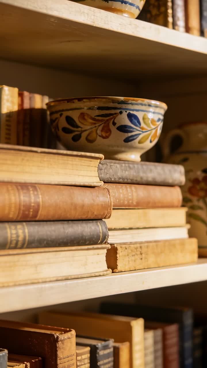 Telecamera che si muove in avanti, una ciotola in ceramica su una libreria a casa si sposta al centro mostrando un motivo floreale.