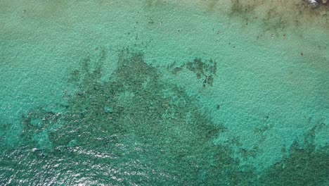 Vista-Aérea-Del-Tranquilo-Océano-Turquesa-Y-La-Playa-Llena-De-Gente-En-Un-Día-Claro-Y-Soleado-En-4k-Volando-Sobre-Aguas-Cristalinas-Tropicales