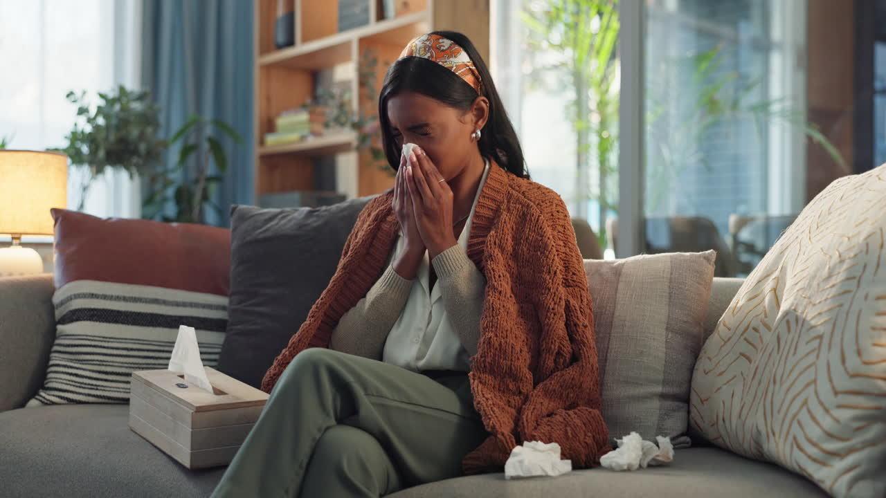 Woman with a cold blowing her nose on the couch