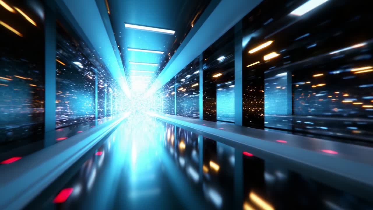 A mesmerizing high-speed journey through a futuristic corridor filled with dazzling lights and vibrant colors, capturing the essence of motion and advanced technology in a visually striking environment