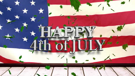 Animation-of-maple-leaves-floating-over-happy-4th-of-july-text-banner-against-waving-usa-flag