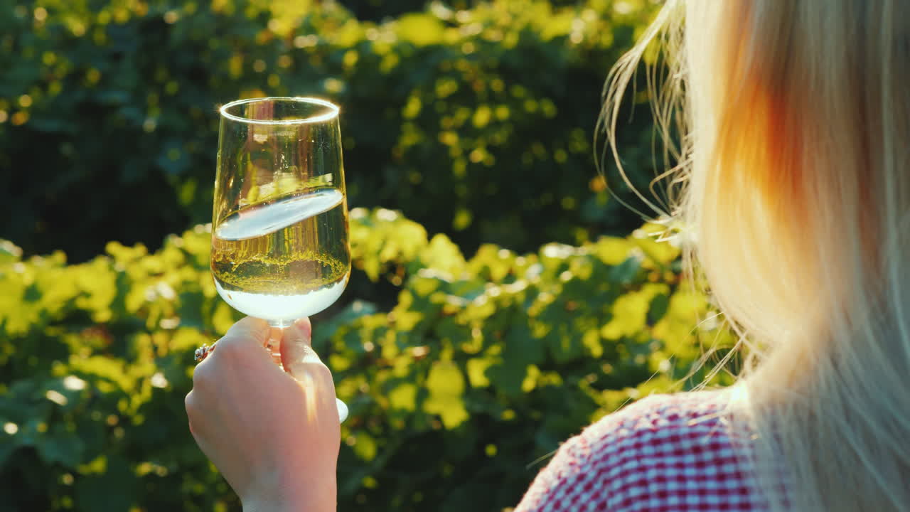 una mujer sostiene una copa de vino blanco en el fondo de un viñedo que el sol ilumina maravillosamente