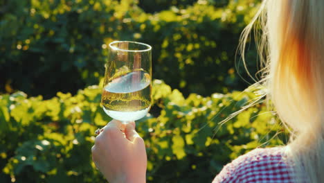 Eine-Frau-Hält-Ein-Glas-Weißwein-Vor-Dem-Hintergrund-Eines-Weinbergs,-Die-Sonne-Leuchtet-Wunderschön