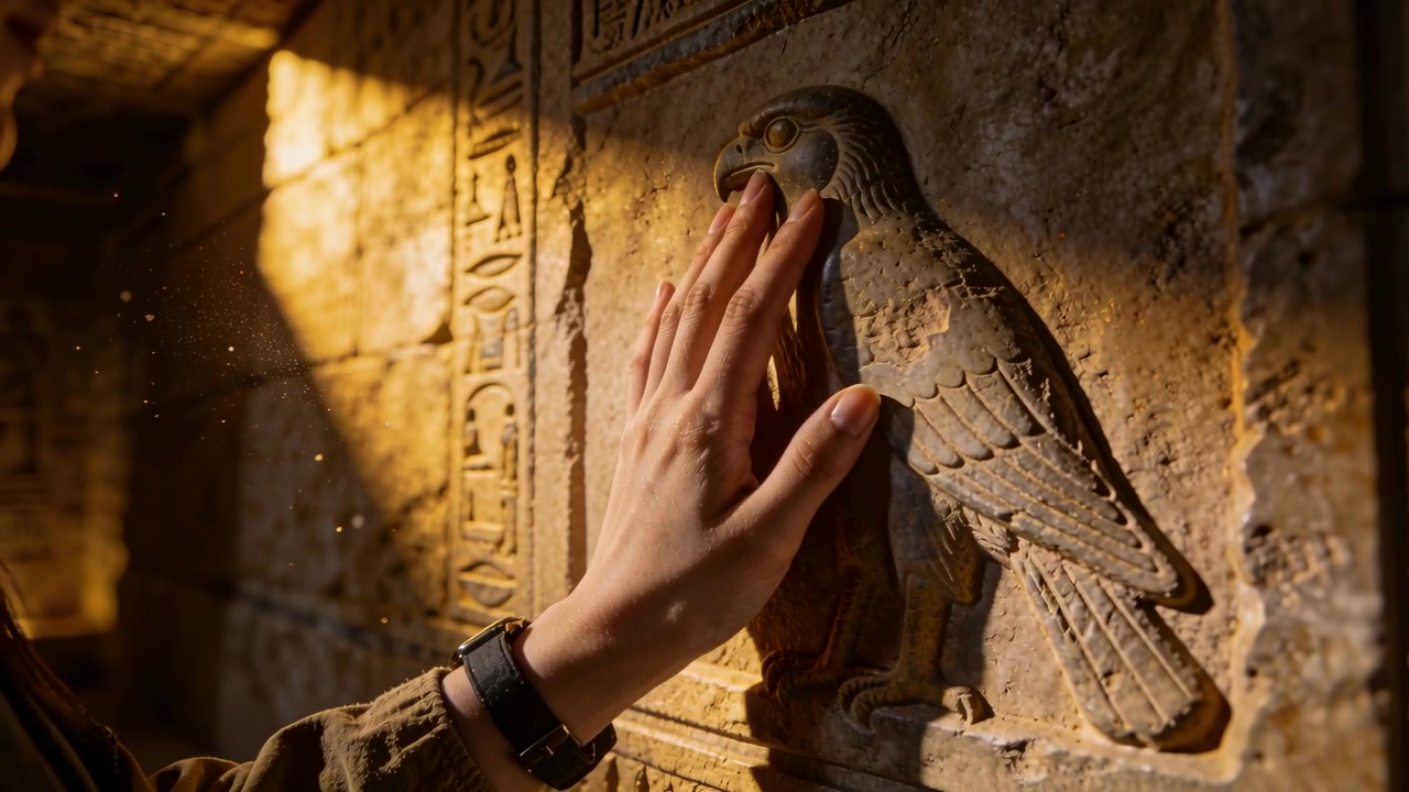 Entrando da sinistra, mano destra con polsino e orologio che traccia un falco intagliato in un tempio, esplorando i dettagli.