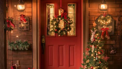 Hairless sphynx cat climbing a christmas tree decorated with lights and ornaments near the entrance of a house with a red door and a christmas wreath