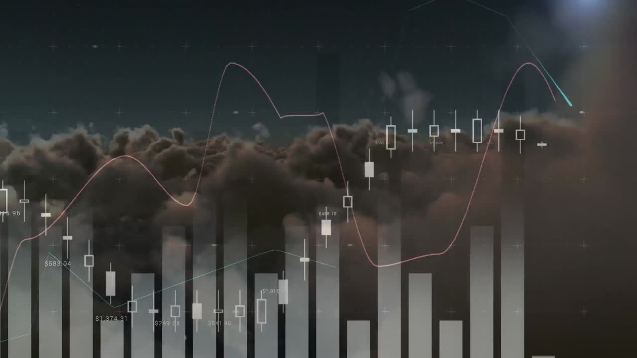 Animation of statistics processing over sky with clouds