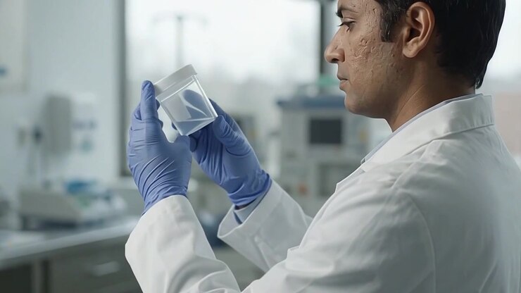 Scientist Examining a Medical Specimen Container in a Laboratory