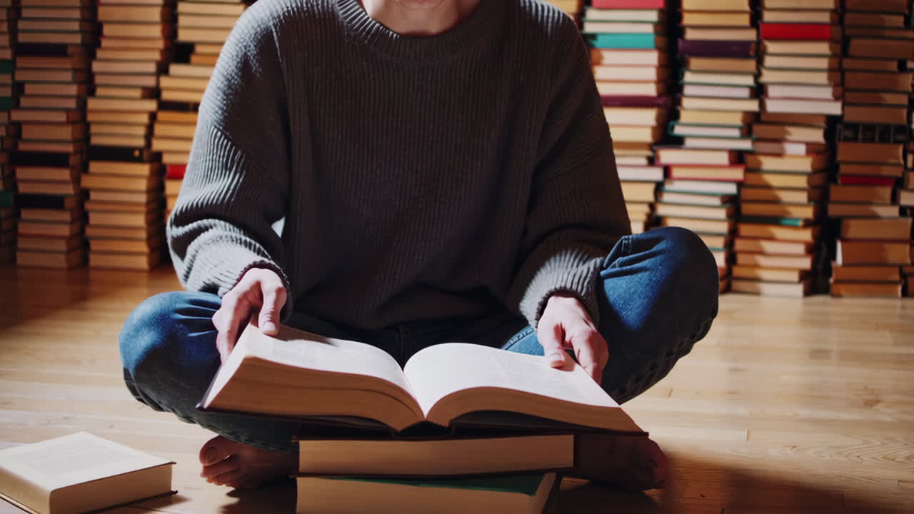 Person Reading a Book in a Home Library