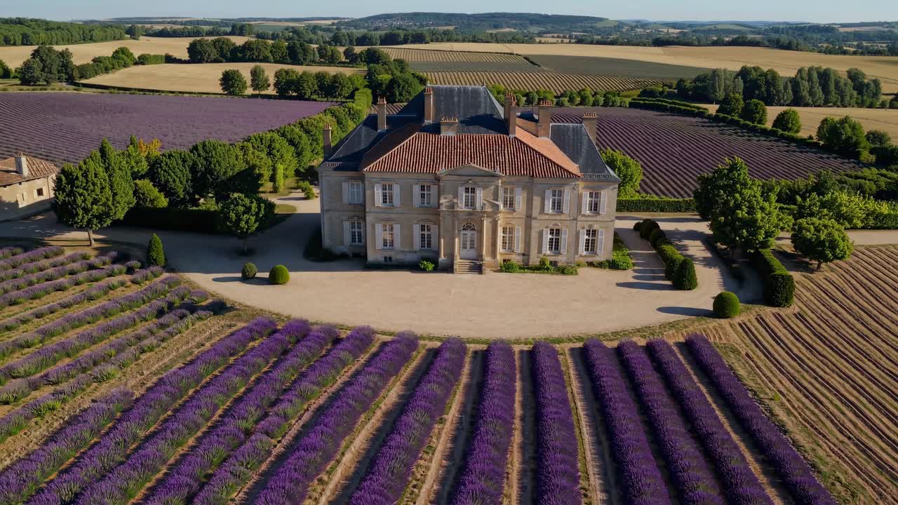 Aerial panorama revealing lavender embraced French manor nestled amid purple blooming landscape, reflecting pastoral serenity in Provence countryside