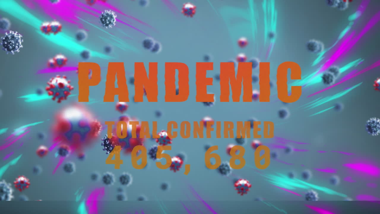 파란색 배경에 떠다니는 코로나19 세포로 팬데 ⁇  데이터 처리의 애니메이션