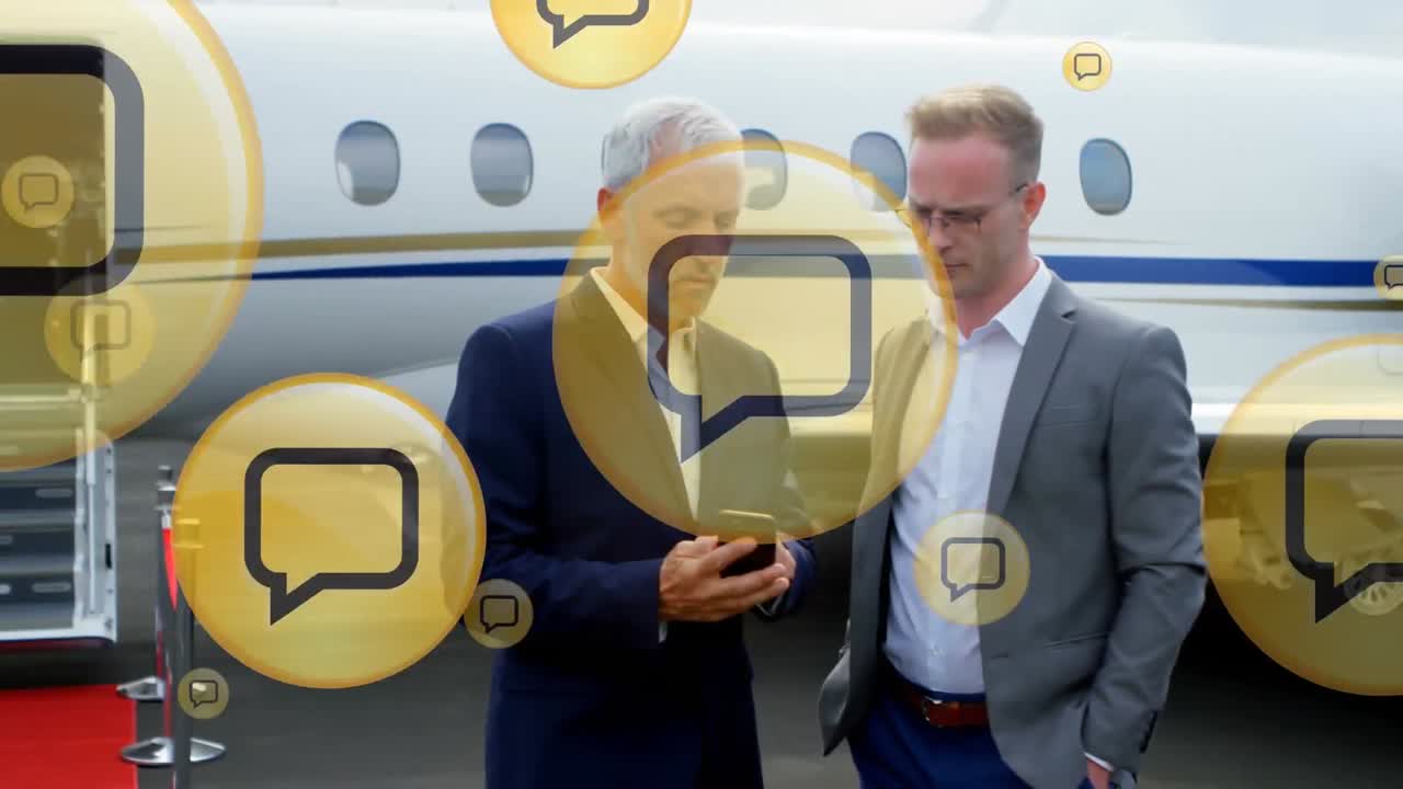 공항에서 백인 사업가들에 대한 미디어 아이콘의 애니메이션