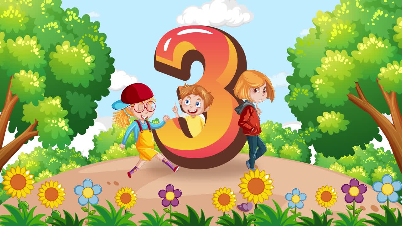 Animated children interact with a large number three in a colorful, vibrant garden setting, emphasizing playfulness and learning
