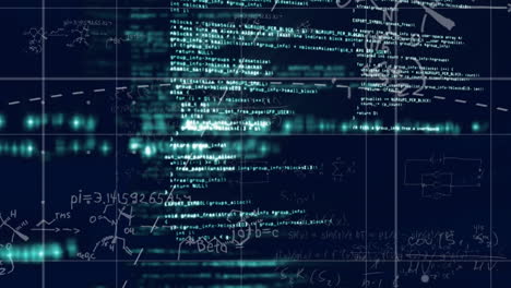 animation of mathematical formulae and data processing over dark background