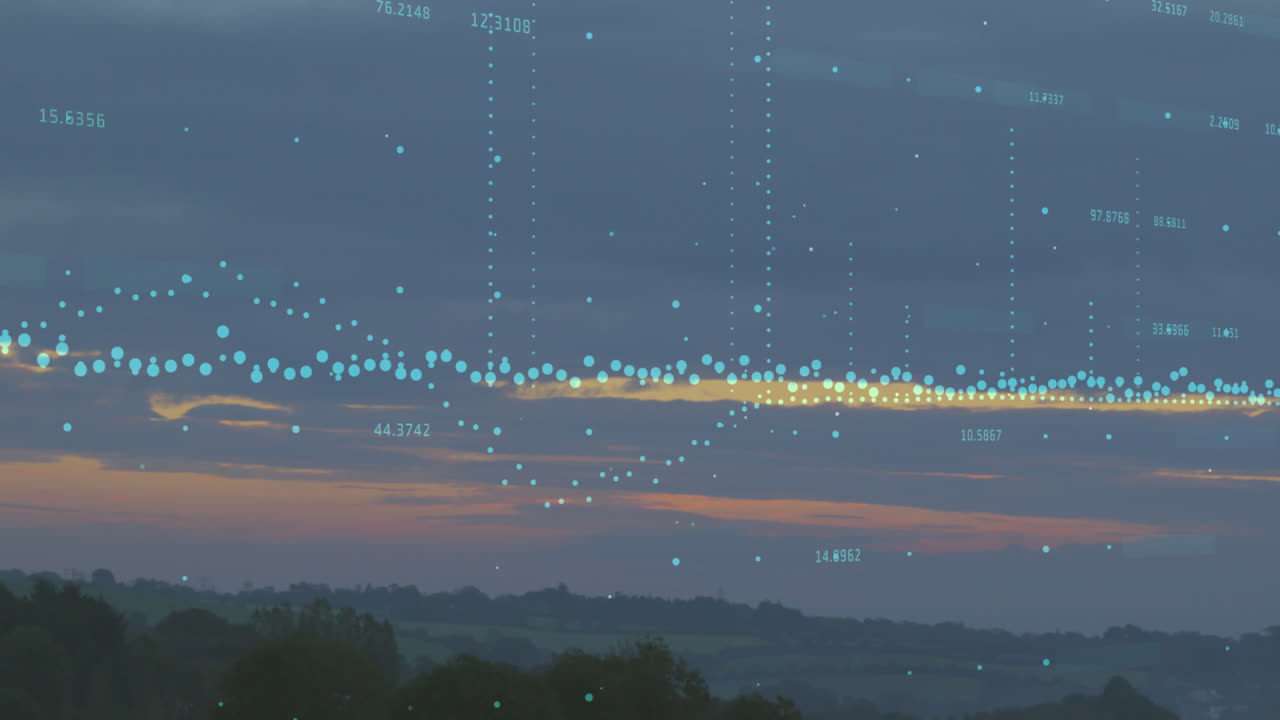 Animation of data processing over aerial view of sunset sky and forest