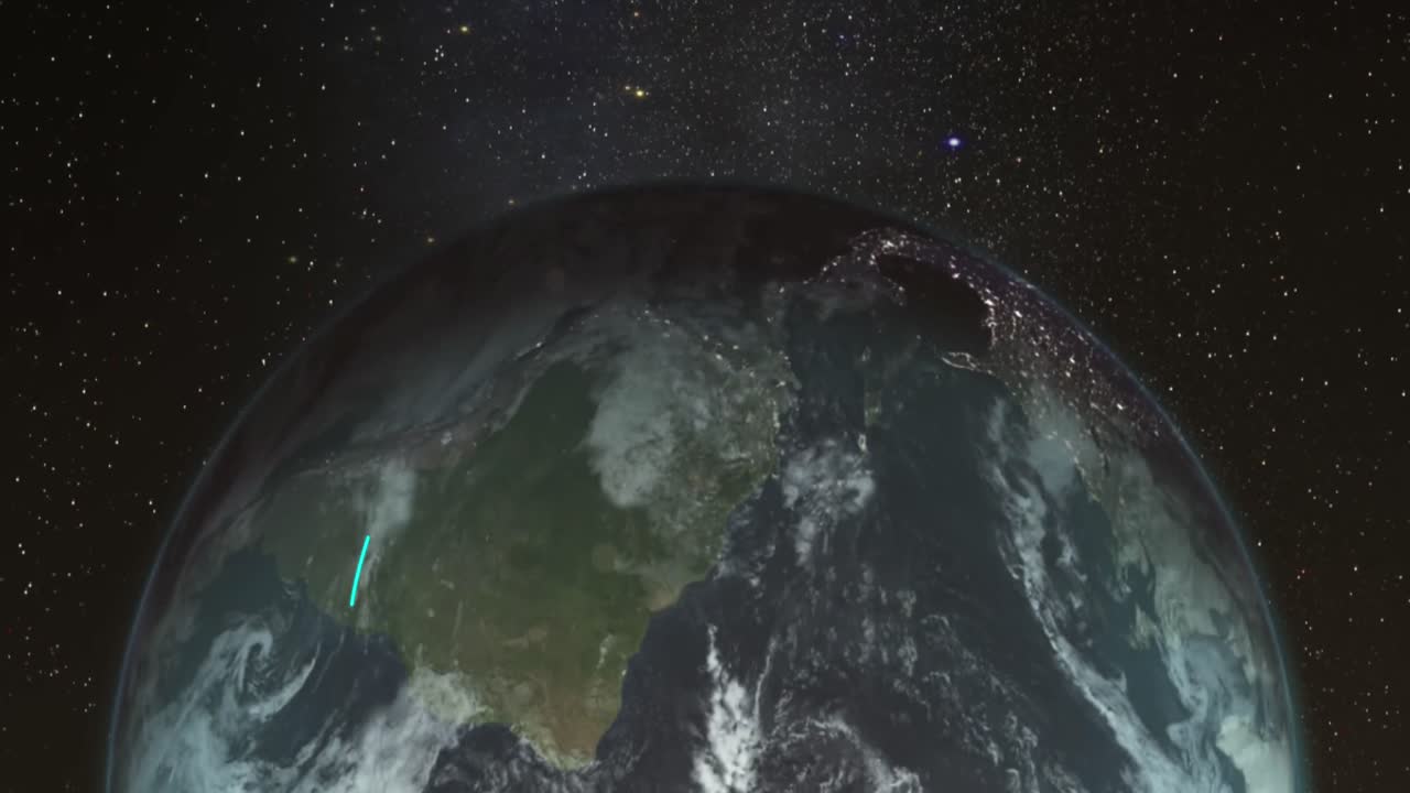girando el globo con arcos azules cambiantes conectando ubicaciones contra el cosmos oscuro con estrellas