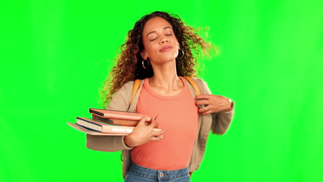 pantalla verde, mujer cansada y estudiante caminando