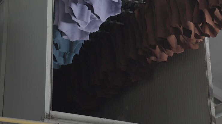 Coloured Tanned Animal Hides Hanging On A Industrial Automated Leather Drying Rack In A Textiles Plant