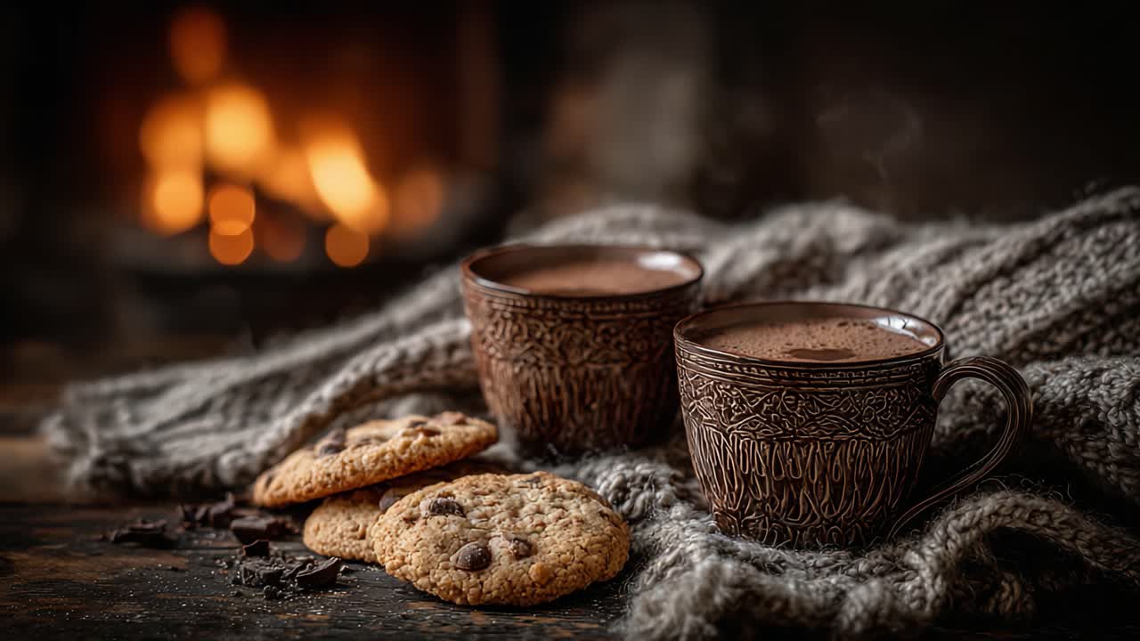 Momentos Cálidos y Acogedores Capturados a Través de Dos Encuadres, Presentando Tazas Humeantes de Chocolate Caliente Acompañadas de Deliciosas Galletas con Chispas de Chocolate Junto a una Chimenea Crepitante