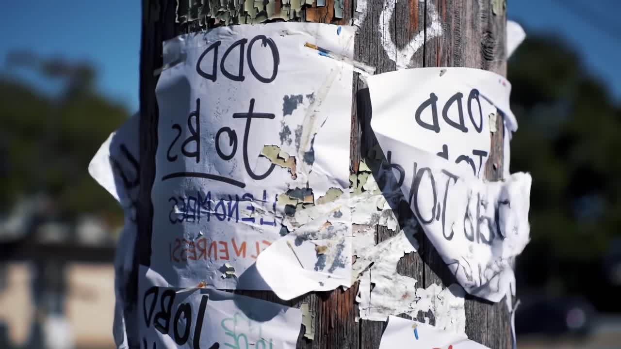 Close-up of a Weathered Utility Pole Covered in Torn Posters, Highlighting Urban Decay and the Passage of Time in a Contemporary Setting