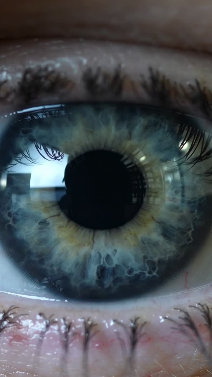 Video verticale: Primo piano su un occhio che si adatta al riflesso della fotocamera vicino alla finestra, mostrando iride e pupilla