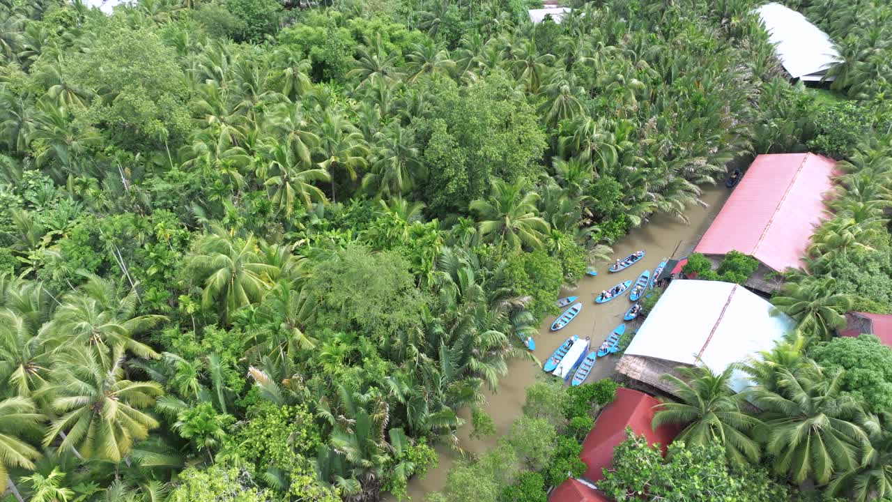 Lush tropical forest and boats on canal, Mekong Delta, peaceful, remote village vibe