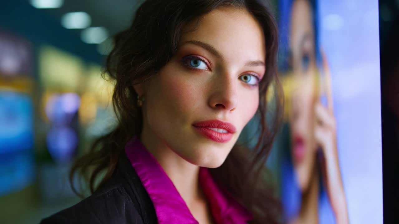Ein fesselndes Porträt einer Frau mit markanten blauen Augen, die nachdenklich auf eine helle Anzeige blickt und in einer modernen Umgebung Selbstbewusstsein und Gelassenheit ausstrahlt