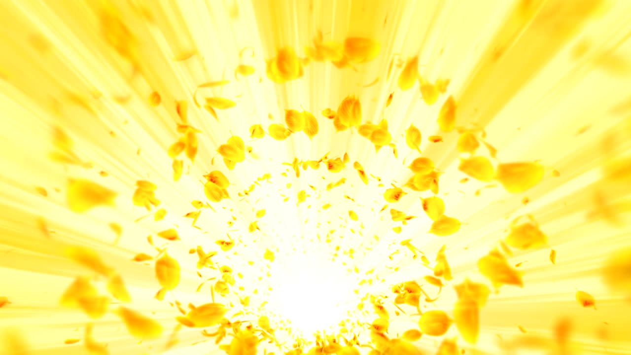 노란 잎의 소용돌이, 계절 잎의 나선형 반이는 입자, 춤추는 잎, 다채로운 자연 터널 루프 애니메이션.