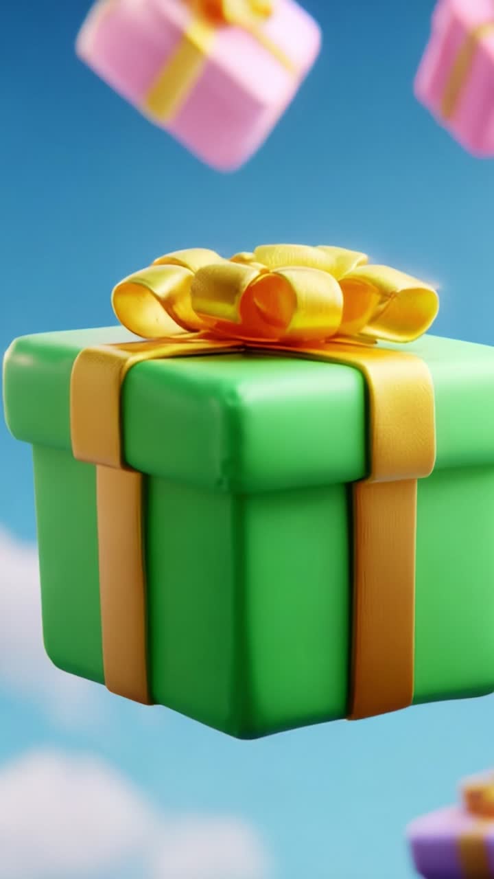 A Vibrant Green Gift Box with a Yellow Ribbon and Bow Flies Against a Bright Blue Sky, Surrounded by Colorful Floating Presents, Capturing the Essence of Celebration and Surprise in a Whimsical Scene