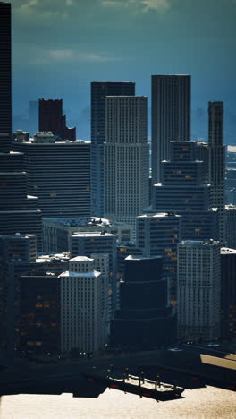 a stunning view of a city skyline with skyscrapers and a river in the foreground